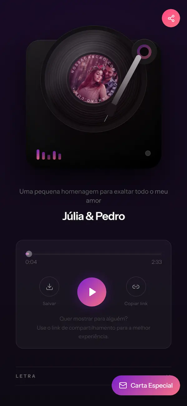 Página personalizada do casal 🎵 Ouve a música feita só pra ela criada na Nossa Canção